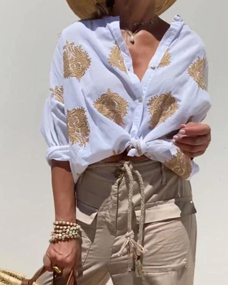 SALMA - Casual embroidered cotton and linen shirt