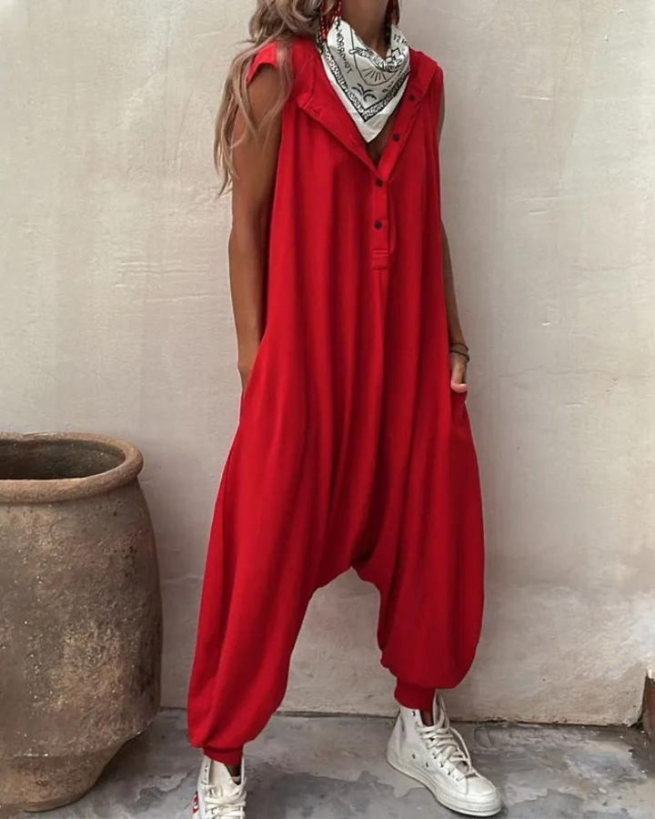 LET'S CHILL - Pocketed Half Button Hooded Loose Jumpsuit