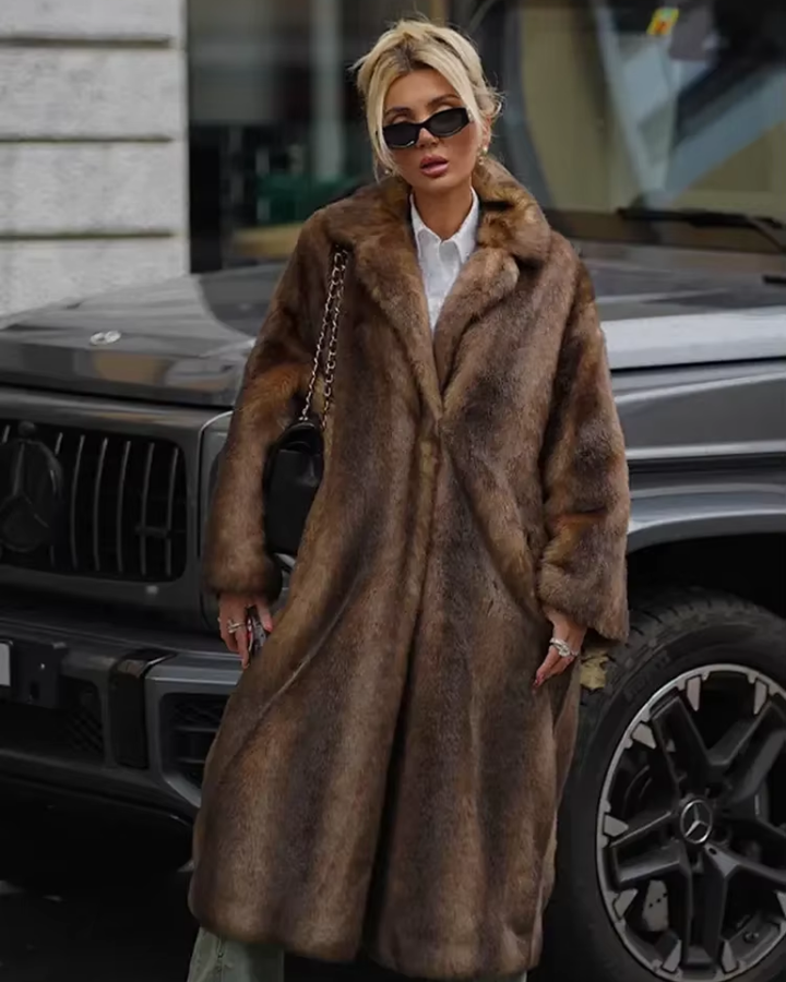 CASSEY - Brown Faux Fur Long Overcoat