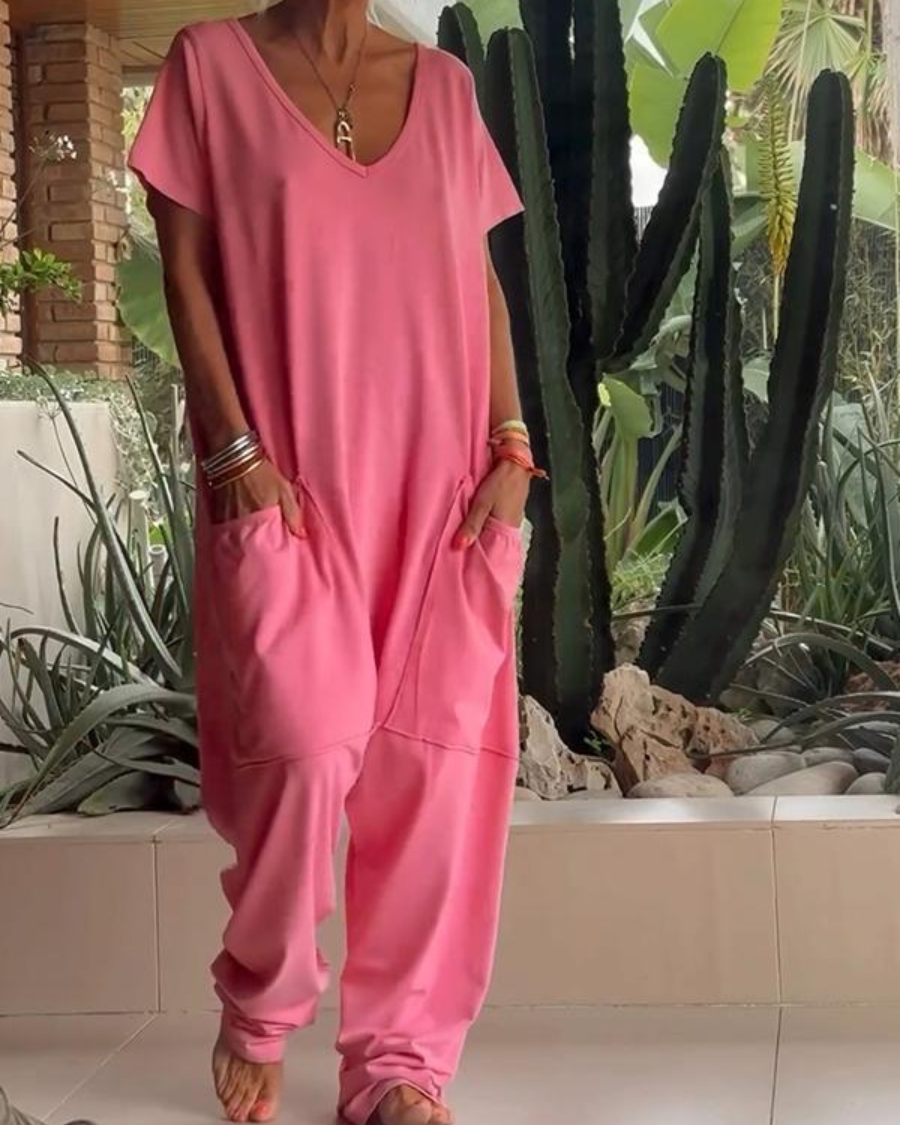 MAIRE - Casual V-neck Solid Color Jumpsuit