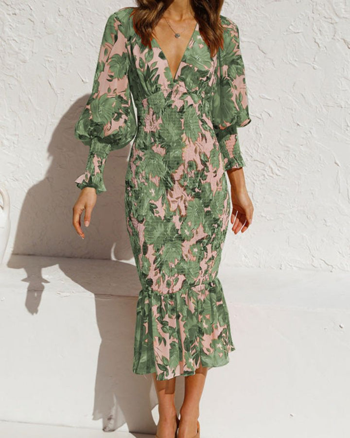 MERENE - Floral Smocked Waist Midi Dress