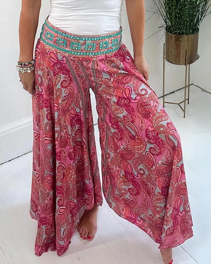 ETHNIC PAISLEY PRINT ELASTIC PATCHWORK WAIST LIGHTWEIGHT PANTS