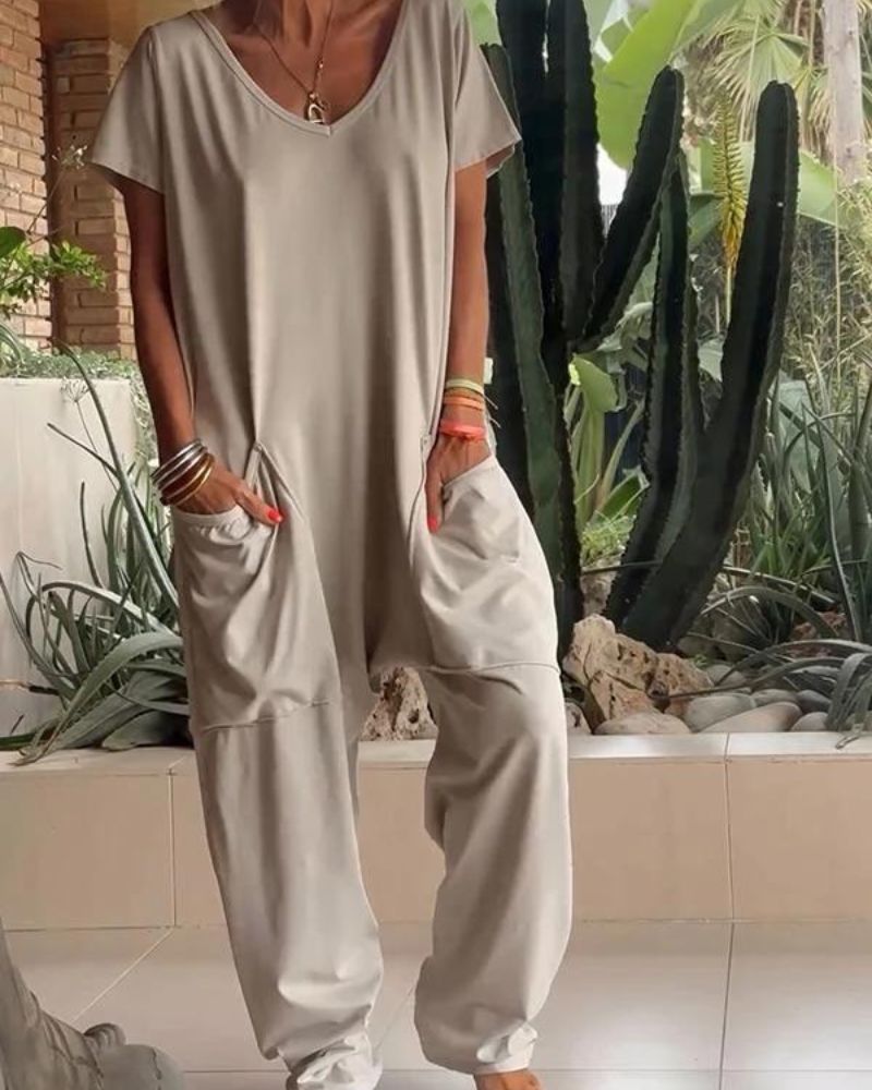 MAIRE - Casual V-neck Solid Color Jumpsuit