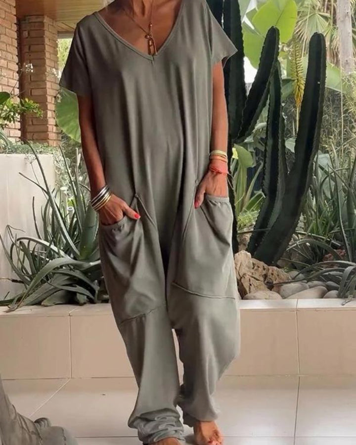 MAIRE - Casual V-neck Solid Color Jumpsuit