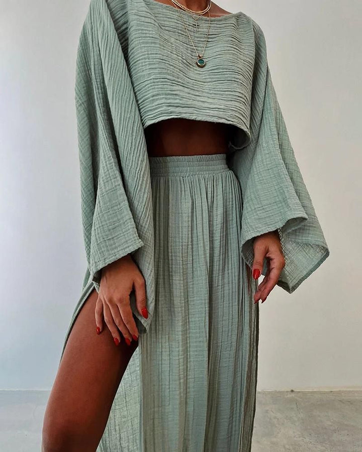 SILIA - Chic slit cotton and linen casual two-piece set