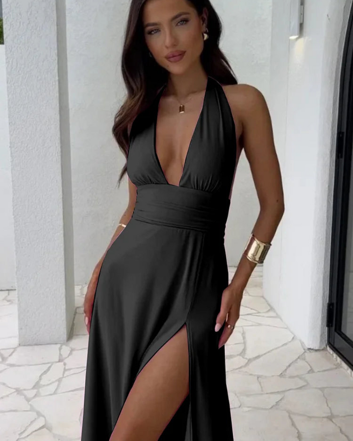 HORIZON - Sexy v-neck split solid color dress